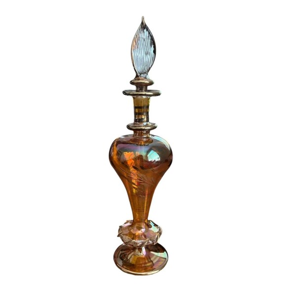Amber Iridescent Perfume Bottle Gold Tone Trim Etched Flowers Delicate Dauber - Picture 1 of 6